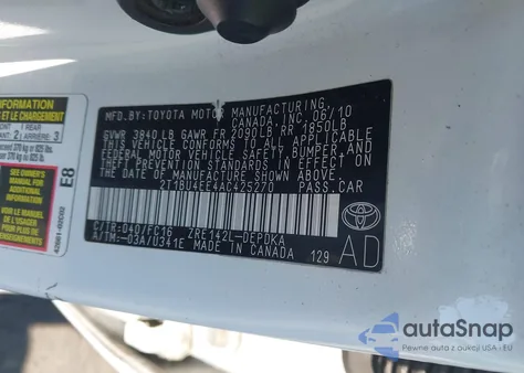 2010 Toyota Corolla Le из США, поврежденный, VIN 2T1BU4EE4AC425270